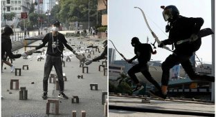 Гонконг бунтует: в ход пошли кирпичи, луки и стрелы (10 фото)