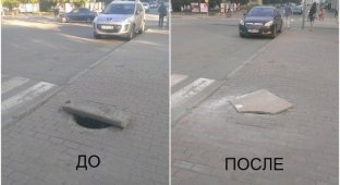 Ноу-хау по-чиновничьи: смотрим, как "починили" открытый люк в Екатеринбурге (2 фото)