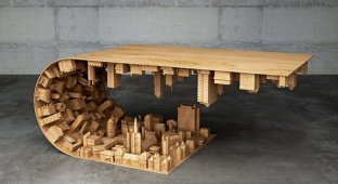 Согнутый стол с городским 3D-ландшафтом (6 фото)