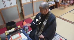 Буддийский священник и собака молятся вместе