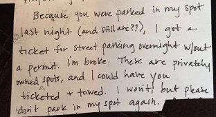 Женщина оставила записку владельцу машины, укравшему её парковочное место, и получила неожиданный ответ (2 фото)
