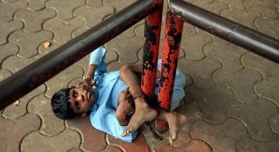 Индийская бабушка привязывает своего внука за ноги к автобусной остановке (9 фото)