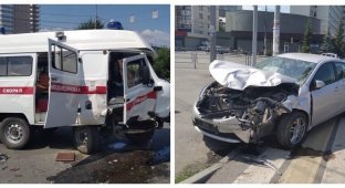 Иномарка в Челябинске протаранила и опрокинула скорую с мигалкой (5 фото)
