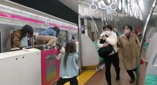 В токийском метро мужчина устроил поножовщину и поджег два вагона (4 фото + 1 видео)