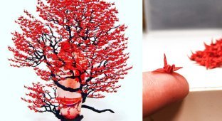 Невероятные деревья-бонсай с кронами из тысяч крошечных оригами журавлей (13 фото)