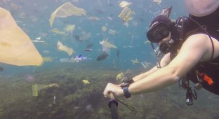Дайвер запечатлел на видео, как плавают сквозь слои мусора на Бали (4 фото + 1 видео)