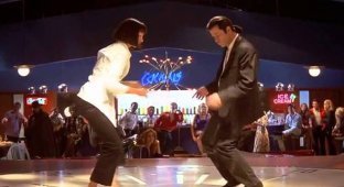 Как снимали танец Джона Траволты и Умы Турман в "Криминальном чтиве" (4 фото + 1 видео)