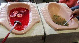 В индонезийском ресторане подают лапшу из туалетов типа «сортир» (15 фото)