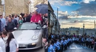 Мальтийский священник прокатился на Porsche, запряженном детьми (4 фото + 1 видео)