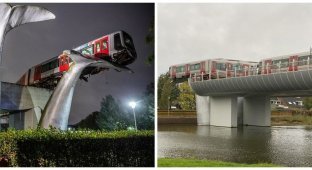 В Нидерландах поезд вылетел с эстакады, но его спасла скульптура (9 фото)