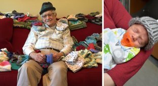 86-летний мужчина вяжет шапочки для недоношенных детей (4 фото + 1 видео)
