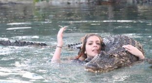 Бесстрашная девушка и крокодил (3 фото)
