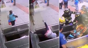 Пожилая женщина упала в люк, отвлекшись на телефон (6 фото + 1 видео)