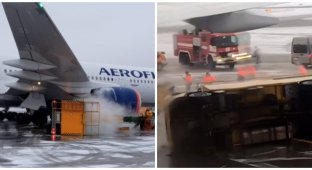 В Шереметьево самолёт опрокинул поливочную машину (2 фото + 2 видео)