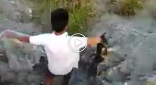 Малолетний идиот бросил крохотного щенка в водоем с крокодилами