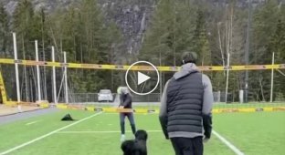 Норвежец научил свою собаку играть в волейбол