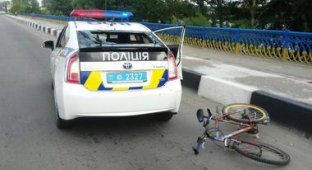 Велосипедист разбил головой стекло полицейской машины
