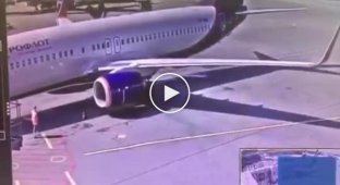 Сотрудник аэропорта Шереметьево ловко забросил сигнальный конус на крыло самолета