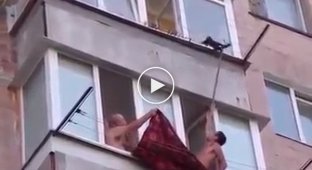Забавное спасение зацепившегося за веревки на балконе кота
