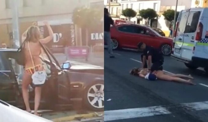 Испанская полиция провела жесткое задержание дамочки в бикини, совершившей ДТП (3 фото + 1 видео)