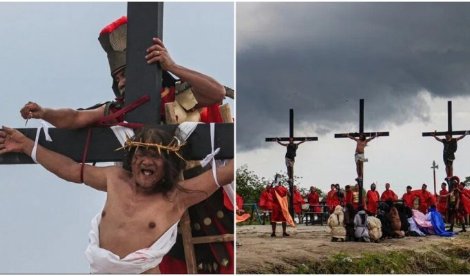 На Филиппинах в 35-й раз прошла реконструкция распятия Христа (3 фото + 2 видео)