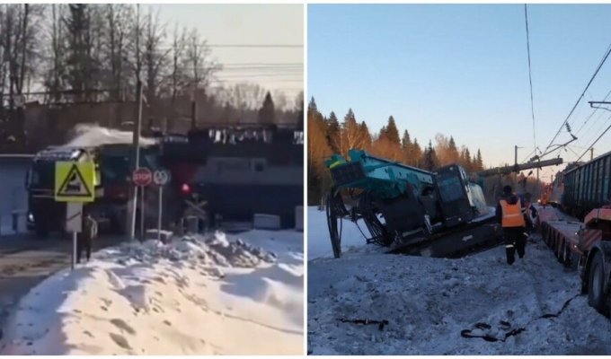 В России товарный поезд протаранил заглохший на переезде грузовик (4 фото + 1 видео)