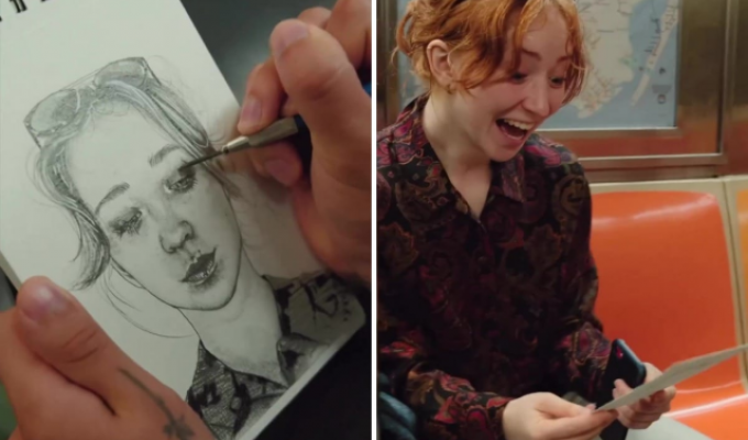 Художник незаметно рисует людей в метро, а затем дарит им портреты (11 фото)