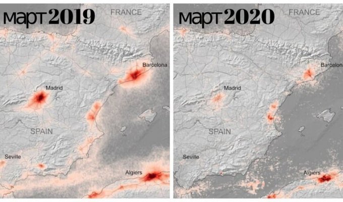 Спутниковые снимки показывают, как изменилась атмосфера над Парижем, Мадридом и Миланом (7 фото)