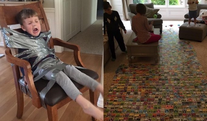 Дети привязали младшего брата к стулу скотчем, потому что он мешал им играть в покемонов (5 фото)