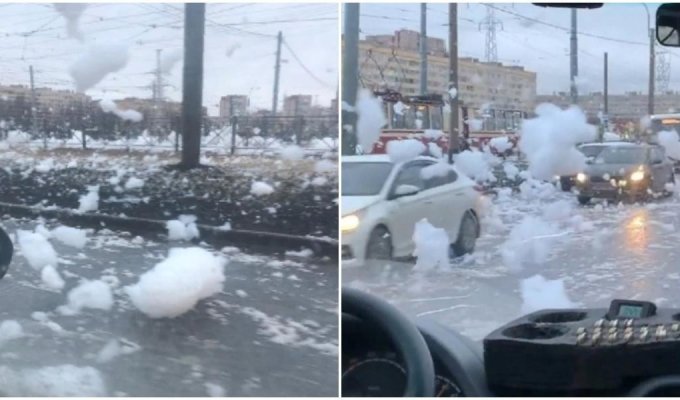 Пенная вечеринка: на Петергофском шоссе водители столкнулись с необычным явлением (4 фото + 2 видео)