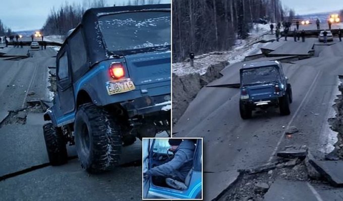 Землетрясение на Аляске: джип пытается проехать по разрушенной дороге (10 фото + 1 видео)