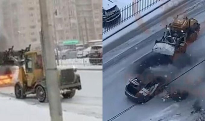 В Петербурге водитель снегоуборщика успел потушить загоревшееся авто до приезда пожарных (3 фото + 2 видео)