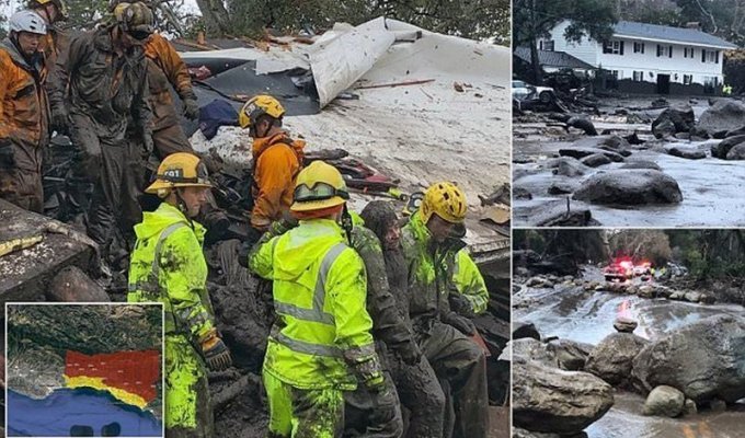 После пожаров Южную Калифорнию накрыло грязевыми оползнями (22 фото + 2 тянучки + 2 видео)
