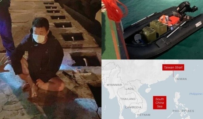 Китаец на резиновой лодке сбежал на Тайвань через пролив, охраняемый двумя флотами (10 фото)