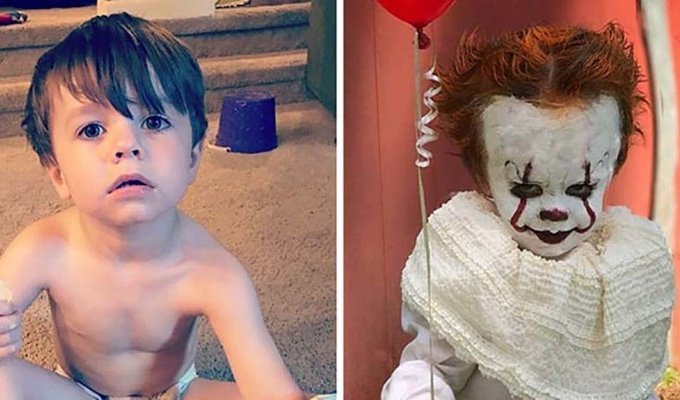 Подросток превратил своего младшего брата в страшнючего клоуна из фильма «Оно» (11 фото)
