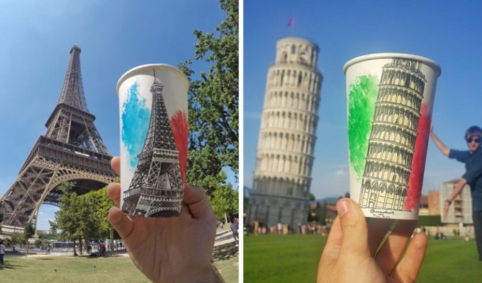 Художник-путешественник создает произведения искусства на бумажных стаканчиках (23 фото)