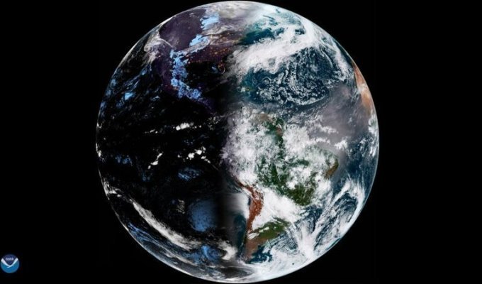 Потрясающий снимок Земли из космоса, показывающий идеальное разделение планеты на день и ночь (3 фото)