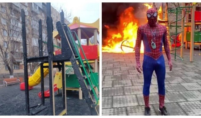 В Красноярске обвинили человека-паука в поджоге детской площадки (2 фото + 2 видео)