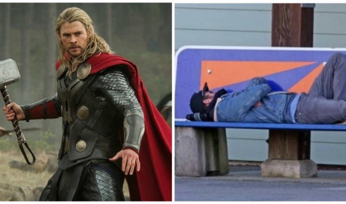 Трудно быть богом. Тор уснул скамейка на улице (3 фото)