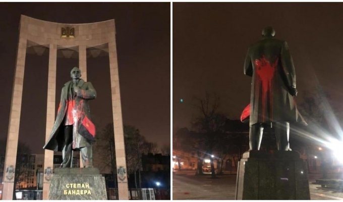 Во Львове осквернили памятник Степану Бандере (3 фото + 1 видео)