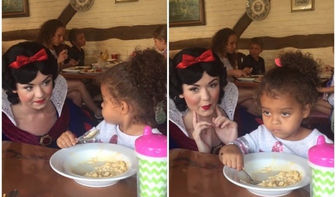 Девочка показала пристававшей к ней Белоснежке, что еда важнее «Диснея» (3 фото)