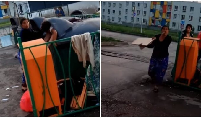 Цыганка засунула ребенка в мусорный бак, чтобы он искал просрочку (1 фото + 2 видео)