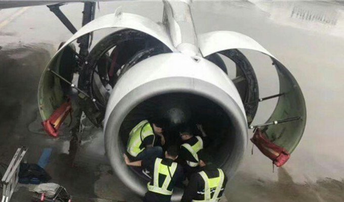 В Китае пожилая пассажирка набросала монет в турбину самолета (3 фото)