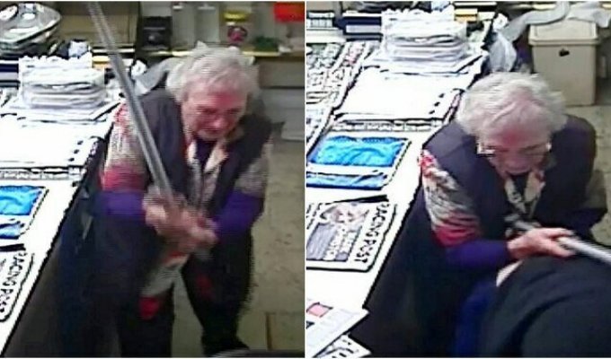 Вот как нужно защищать бизнес: Храбрая пенсионерка запустила тростью в уличного грабителя (4 фото + 1 видео)