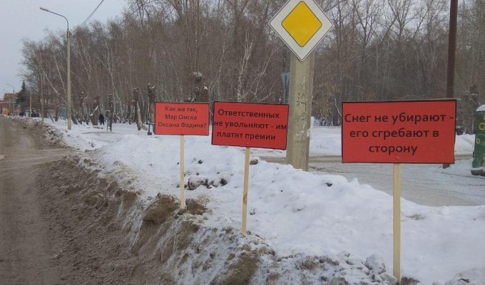 Жители Омска борются с некачественной уборкой снега при помощи "билбордов" (3 фото)