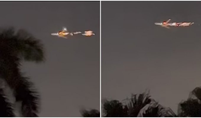 Дырка в корпусе и огненный двигатель: Boeing 747 загорелся после взлёта (3 фото + 1 видео)