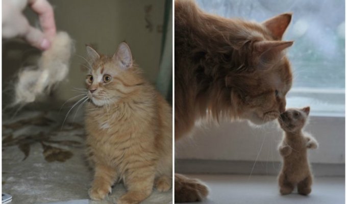 Кошачье рукоделие: из вычесанной шерсти кота сделали его мини-версию (8 фото)