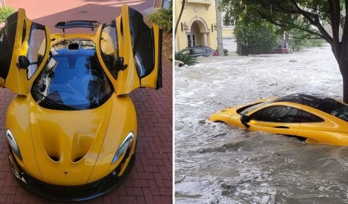 Грустное зрелище: гиперкар McLaren P1 смыло потоком воды во время урагана во Флориде (5 фото + 1 видео)