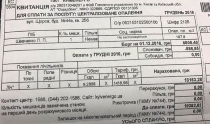 В Киеве новый рекорд по сумме начислений за отопление в декабрьской платежке — 13 163 гривен