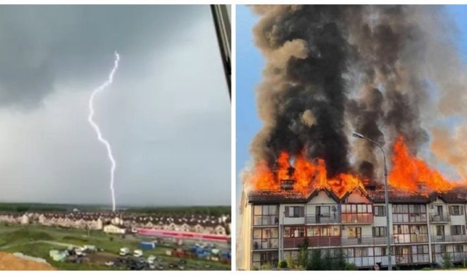 В Челябинске из-за удара молнии сгорела крыша жилого дома (3 фото + 2 видео)